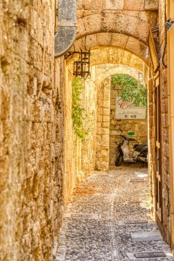 Lindos, Greece - September 2021 : Historical village in sunny weather