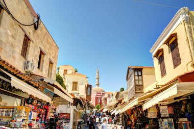 Lindos, Greece - September 2021 : Historical village in sunny weather