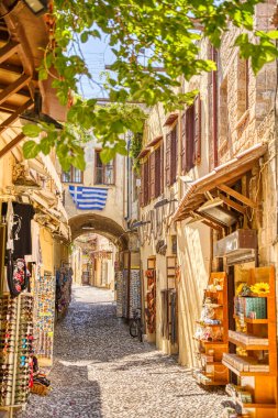 Lindos, Greece - September 2021 : Historical village in sunny weather