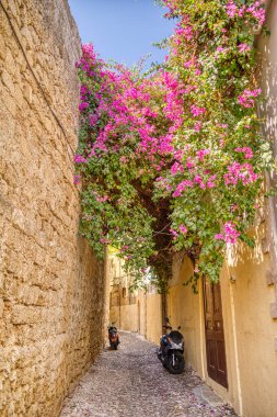 Lindos, Greece - September 2021 : Historical village in sunny weather