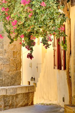 Lindos, Greece - September 2021 : Historical village in sunny weather