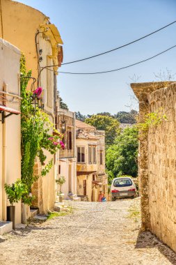 Lindos, Greece - September 2021 : Historical village in sunny weather
