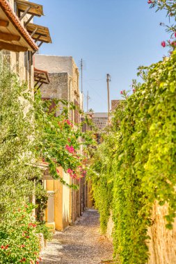 Lindos, Greece - September 2021 : Historical village in sunny weather