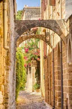 Lindos, Greece - September 2021 : Historical village in sunny weather