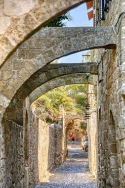Lindos, Greece - September 2021 : Historical village in sunny weather