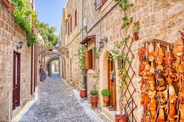 Lindos, Greece - September 2021 : Historical village in sunny weather