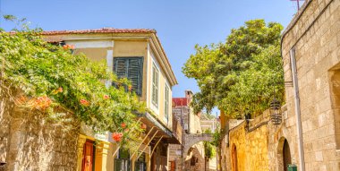Lindos, Greece - September 2021 : Historical village in sunny weather