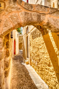 Lindos, Greece - September 2021 : Historical village in sunny weather