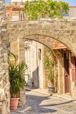 Lindos, Greece - September 2021 : Historical village in sunny weather