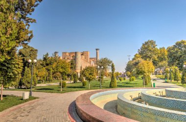 Samarkand, Uzbekistan - October 2019 : Ulugbek Madrasah in sunny weather