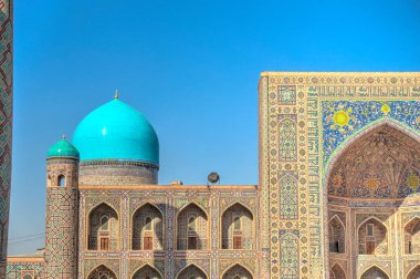Samarkand, Uzbekistan - October 2019 : Tillya-Kori Madrasah in sunny weather
