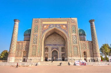 Samarkand, Uzbekistan - October 2019 : Tillya-Kori Madrasah in sunny weather