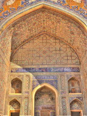 Samarkand, Uzbekistan - October 2019 : Tillya-Kori Madrasah in sunny weather