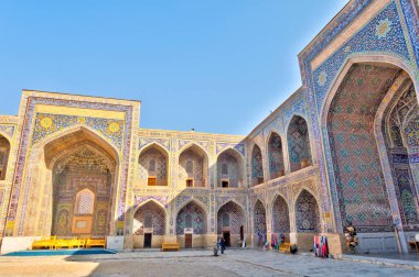 Samarkand, Uzbekistan - October 2019 : Tillya-Kori Madrasah in sunny weather