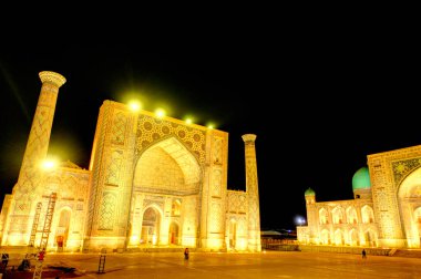 Samarkand, Uzbekistan - October 2019 : Registan square by night