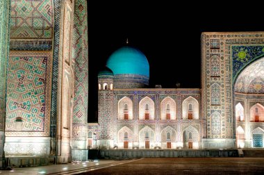 Samarkand, Uzbekistan - October 2019 : Registan square by night