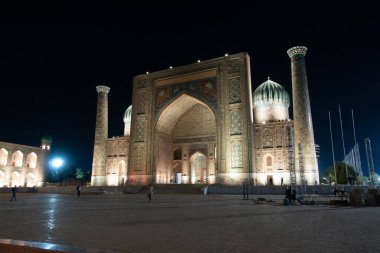 Samarkand, Uzbekistan - October 2019 : Registan square by night