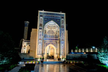 Samarkand, Uzbekistan - October 2019 : Registan square by night
