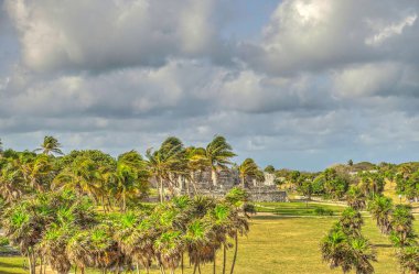 Tulum, Mexico - February 2017: View on the Mayan ruins during cloudy weather
