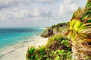 Tulum, Mexico - February 2017: View on the Mayan ruins during cloudy weather