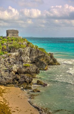 Tulum, Mexico - February 2017: View on the Mayan ruins during cloudy weather