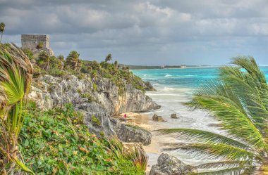 Tulum, Mexico - February 2017: View on the Mayan ruins during cloudy weather
