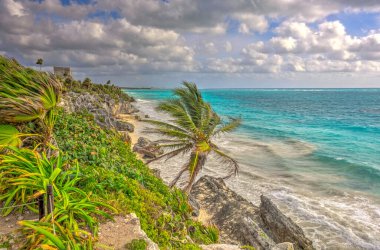 Tulum, Mexico - February 2017: View on the Mayan ruins during cloudy weather