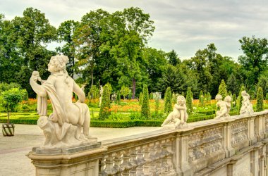 Warsaw, Poland - August 2021: Beautiful view of Wilanow Palace in cloudy weather