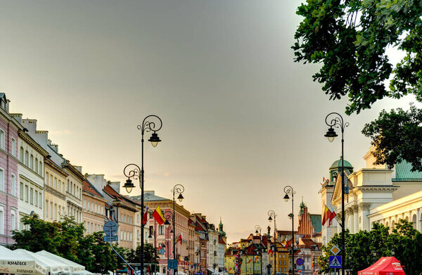 Warsaw, Poland - August 2021 : Nowy Swiat Street at dusk