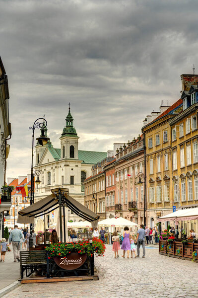 Warsaw, Poland - August 2021: View on the old town in cloudy weather