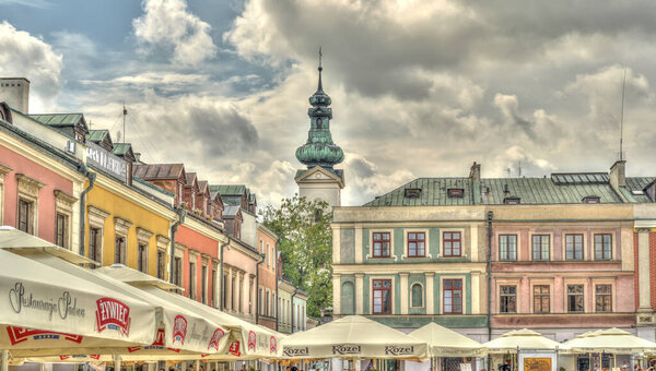 Zamosc, Poland - August 2021: Historical center of the city in cloudy weather day