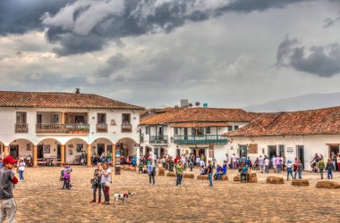 Villa de Leyva, Colombia - May 2019 : Picturesque colonial village in cloudy weather