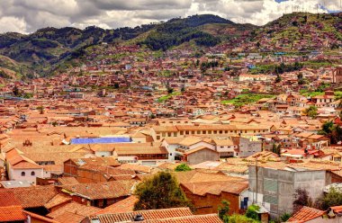 CUSCO, PERU - APRIL 2018: Rooftops of the historical center in cloudy weather