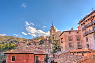 ALBARRACIN, SPAIN - JUNE 2019: Historical center in sunny weather, HDR image