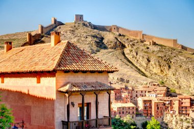 ALBARRACIN, SPAIN - JUNE 2019: Historical center in sunny weather, HDR image