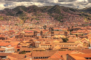 CUSCO, PERU - APRIL 2018: Rooftops of the historical center in cloudy weather