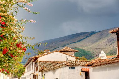 Villa de Leyva, Colombia - May 2019 : Picturesque colonial village in cloudy weather