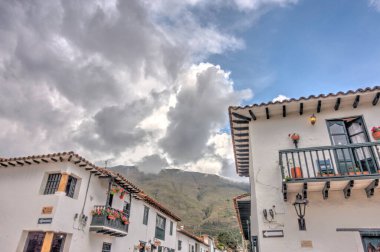 Villa de Leyva, Colombia - May 2019 : Picturesque colonial village in cloudy weather