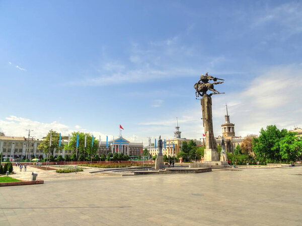 BISHKEK, KYRGYZSTAN - APRIL 2016: City center in sunny weather 