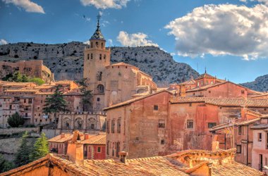 ALBARRACIN, SPAIN - JUNE 2019: Historical center in sunny weather, HDR image