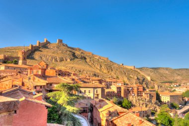 ALBARRACIN, SPAIN - JUNE 2019: Historical center in sunny weather, HDR image