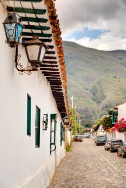Villa de Leyva, Colombia - May 2019 : Picturesque colonial village in cloudy weather