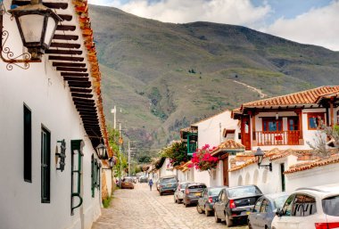 Villa de Leyva, Colombia - May 2019 : Picturesque colonial village in cloudy weather