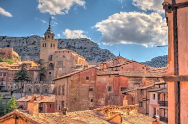 ALBARRACIN, SPAIN - JUNE 2019: Historical center in sunny weather, HDR image