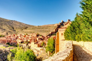 ALBARRACIN, SPAIN - JUNE 2019: Historical center in sunny weather, HDR image