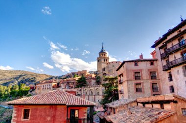 ALBARRACIN, SPAIN - JUNE 2019: Historical center in sunny weather, HDR image