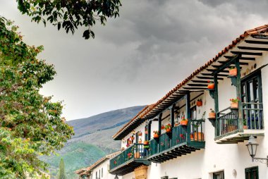 Villa de Leyva, Colombia - May 2019 : Picturesque colonial village in cloudy weather