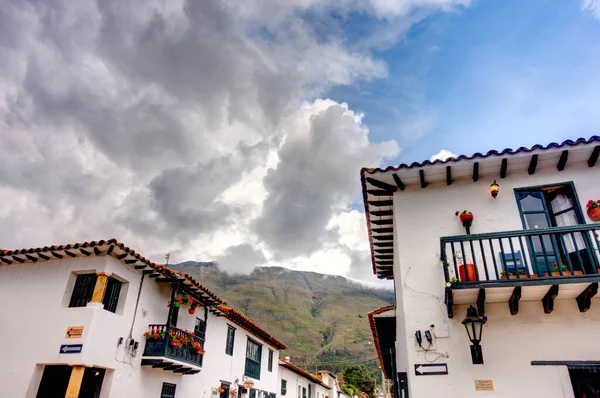 Villa de Leyva, Colombia - May 2019 : Picturesque colonial village in cloudy weather