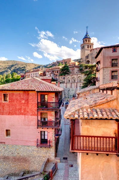 ALBARRACIN, SPAIN - JUNE 2019: Historical center in sunny weather, HDR image