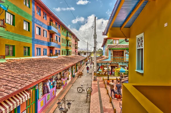 Guatape, Antioquia, Colombia - May 2019 : Colorful village in cloudy weather